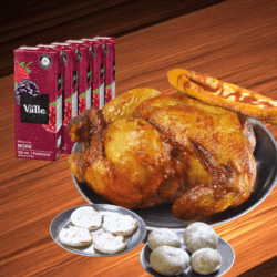 Combo Frutal: 1 Pollo Asado + Papas + Arepas +Platano + 3 jugos del valle (Mora) 500m